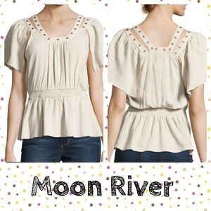 Moon River Eyelet-Trim Smocked-Waist Top, Beige